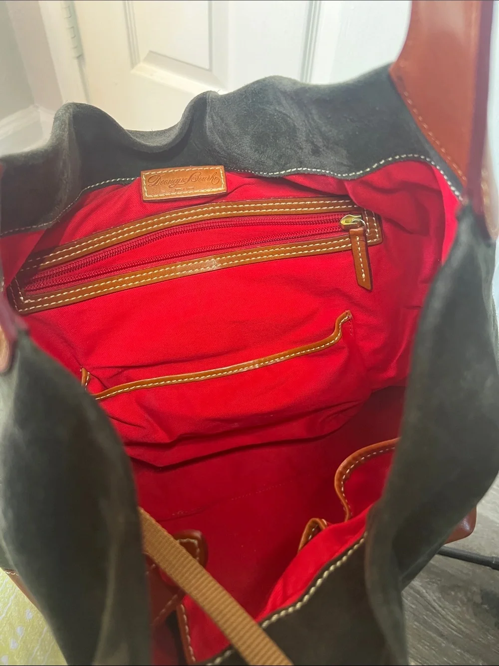 Vintage Dooney & Bourke Dark Olive Suede Hobo with Brown Leather Trim